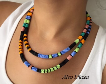 Bead Crochet Necklace: Native Bohemian Style Beadwork, 38.5 Inch
