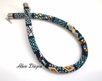 Bead Crochet Necklace: Navy Beaded Rope, Handmade Jewelry