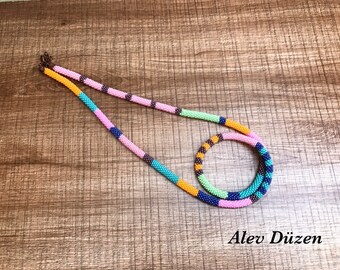 Beaded Crochet Rope Necklace: Colorful Seed Beadwork, 25.5 Inch