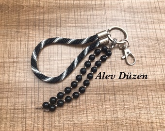 Tiny black beaded keyring, purse charm, keychain wristlet, beaded id holder, card holder, beaded card holder, beaded wrislet keychain