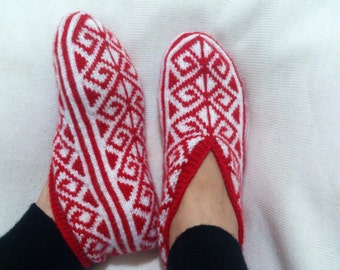 Size: 39-40 Hand Knitting Home Slippers / Handmade Red White Color Socks / Handmade Knit Woman Slippers