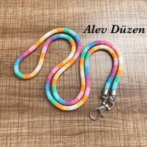 Rainbow Seed Bead Crochet Lanyard: ID Badge Holder (80cm), Colorful Lanyard, Beadwork Lanyard, Beaded Id Holder, ID Card Necklace