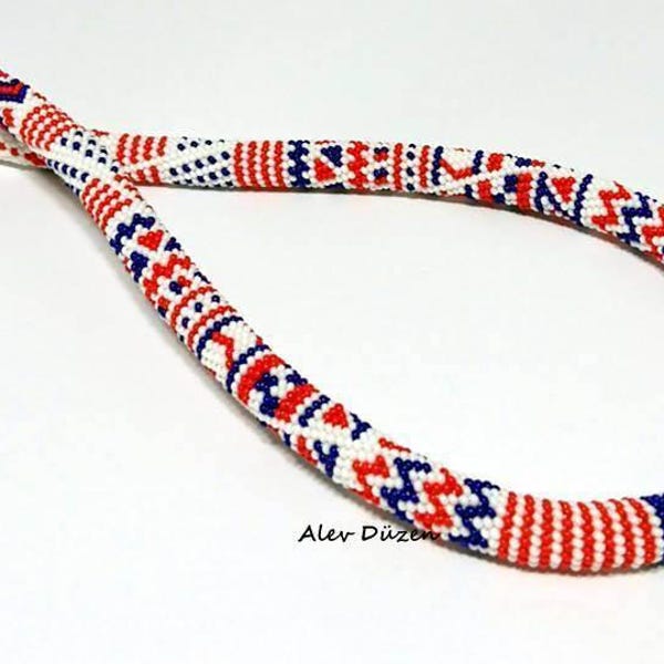 Handmade Bead Crochet Necklace: Navy Red White Seed Beadwork