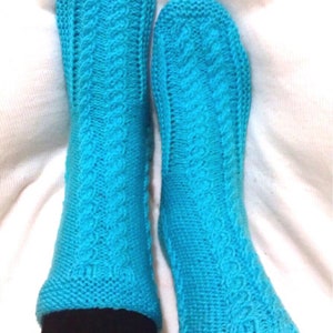 Handmade Neon Blue Knit Home Slippers: Long Socks, Leg Warmers (Size 38)