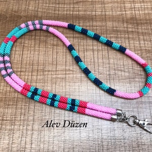 Crocheted Seed Bead Lanyard: Colorful ID Badge Holder