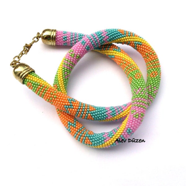 Bead Crochet Necklace - Bright Colors Summer Necklace - Handmade Beadwork Necklace - Bright Colors Bead Necklace