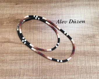 Extra Long Seed Bead Crochet Necklace: Black White Ethnic Style