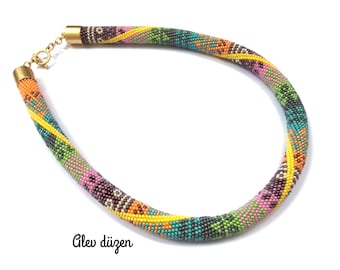Handmade Bead Crochet Necklace: Colorful Seed Bead Rope, 18 Inch