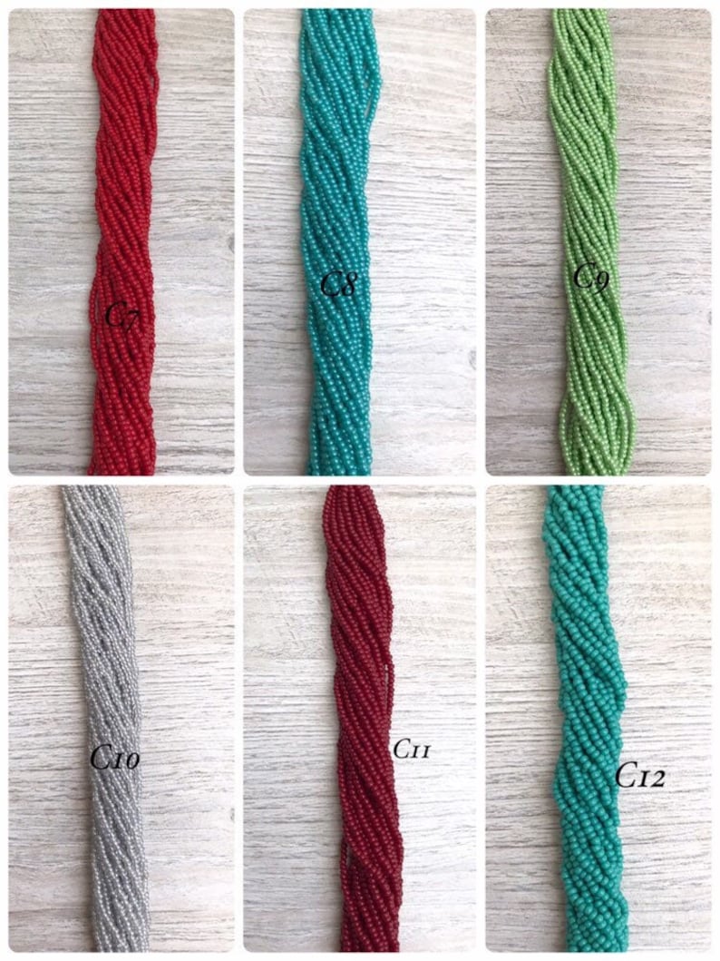 May include: Six strands of seed beads in various colours, including red, turquoise, green, grey, and teal. The strands are labelled C8, C9, C10, C11, and C12.