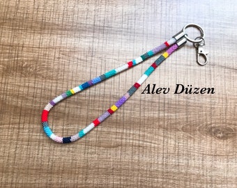 colorful beaded keychain, purse charm, keychain wristlet, beaded id holder, card holder, beaded card holder, beaded wrislet keyring