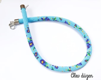 Handmade Bead Crochet Necklace: Blue Seed Bead Floral Rope, 20.4 inches