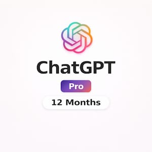 Può includere: L'immagine presenta il logo ChatGPT con un design astratto e colorato nella parte superiore. Sotto il logo, il testo "ChatGPT" è visualizzato in grassetto, in nero. Un banner viola e arancione recita "Pro", e un banner bianco sottostante indica "12 Months".