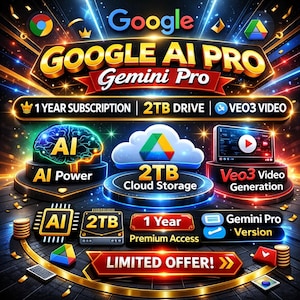 Op de afbeelding: Een promotionele afbeelding voor Google AI Pro Gemini Pro. De afbeelding bevat het Google-logo, tekst en pictogrammen die AI-kracht, 2 TB cloudopslag en Veo3-videogeneratie vertegenwoordigen. Het benadrukt een abonnement van 1 jaar, 2 TB schijf en een beperkte aanbieding.