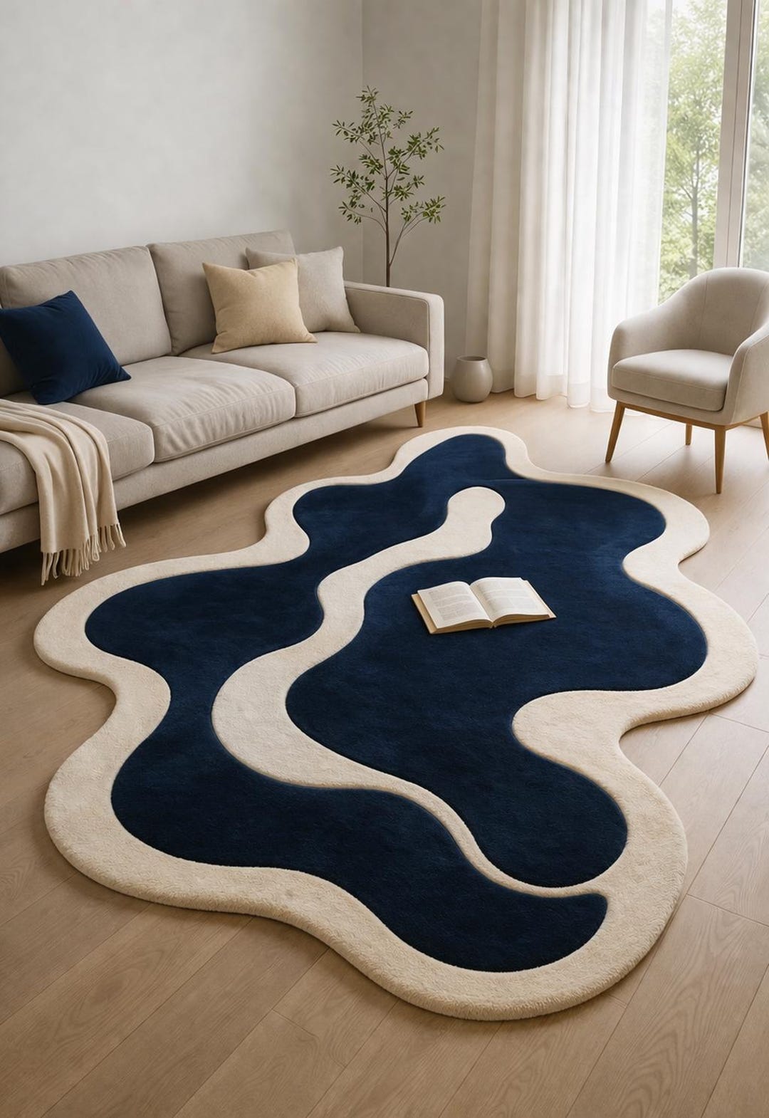 Navy Blue Cream Wavy Wool Rug – Organic Modern Tufted Carpet - Etsy