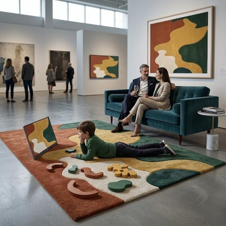 Abstract Organic Shape Wool Rug: Mid-century Modern Terracotta, Mustard ...