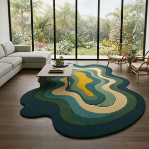 Puede incluir: Una alfombra colorida con un diseño orgánico y en capas. La alfombra presenta tonos de verde azulado, verde y amarillo, creando un patrón abstracto y fluido. La alfombra está colocada sobre un suelo de madera oscura, y la habitación tiene grandes ventanales con vistas a un exuberante jardín.