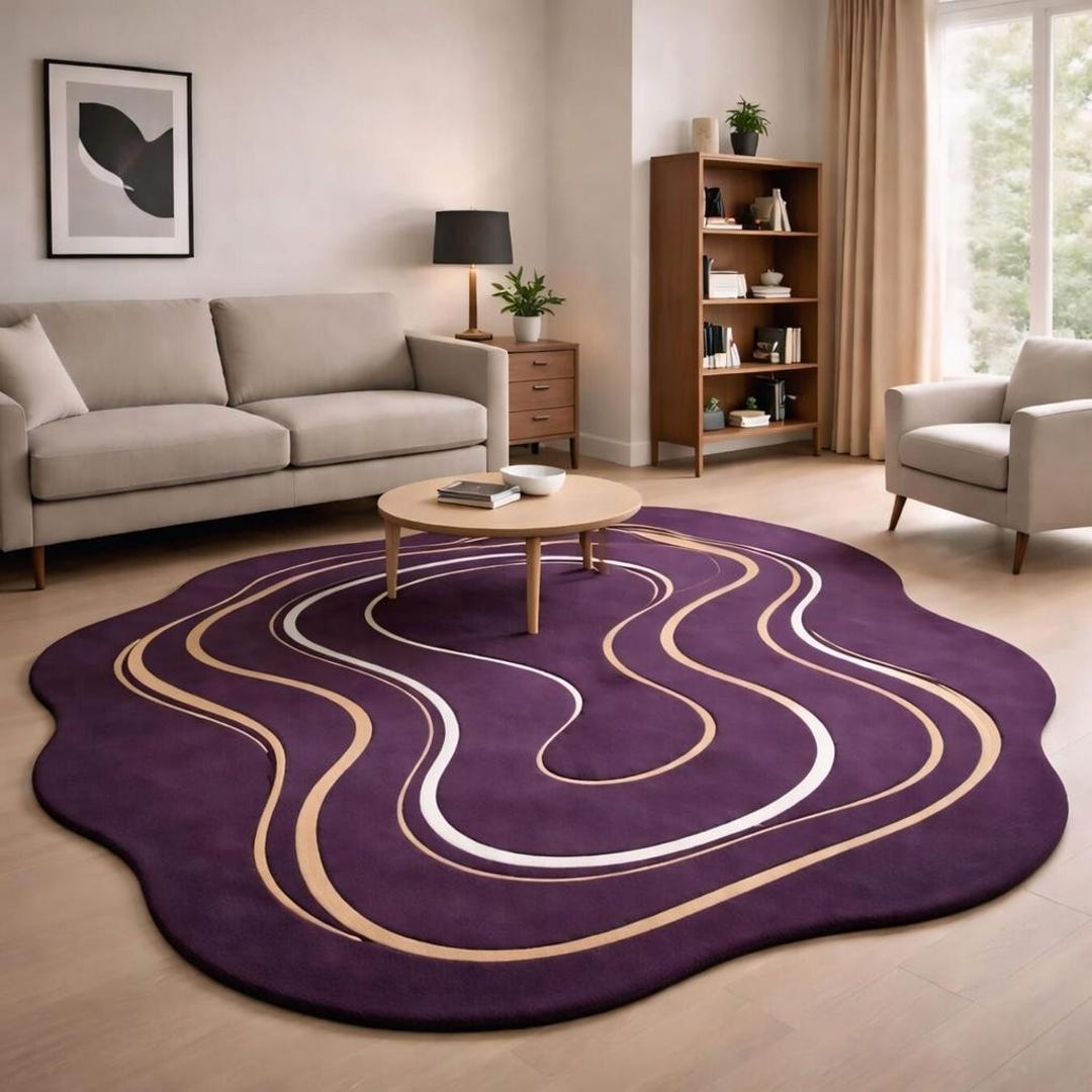 Abstract Wavy Wool Rug, Custom Tufted Purple Carpet, Irregular Luxury ...