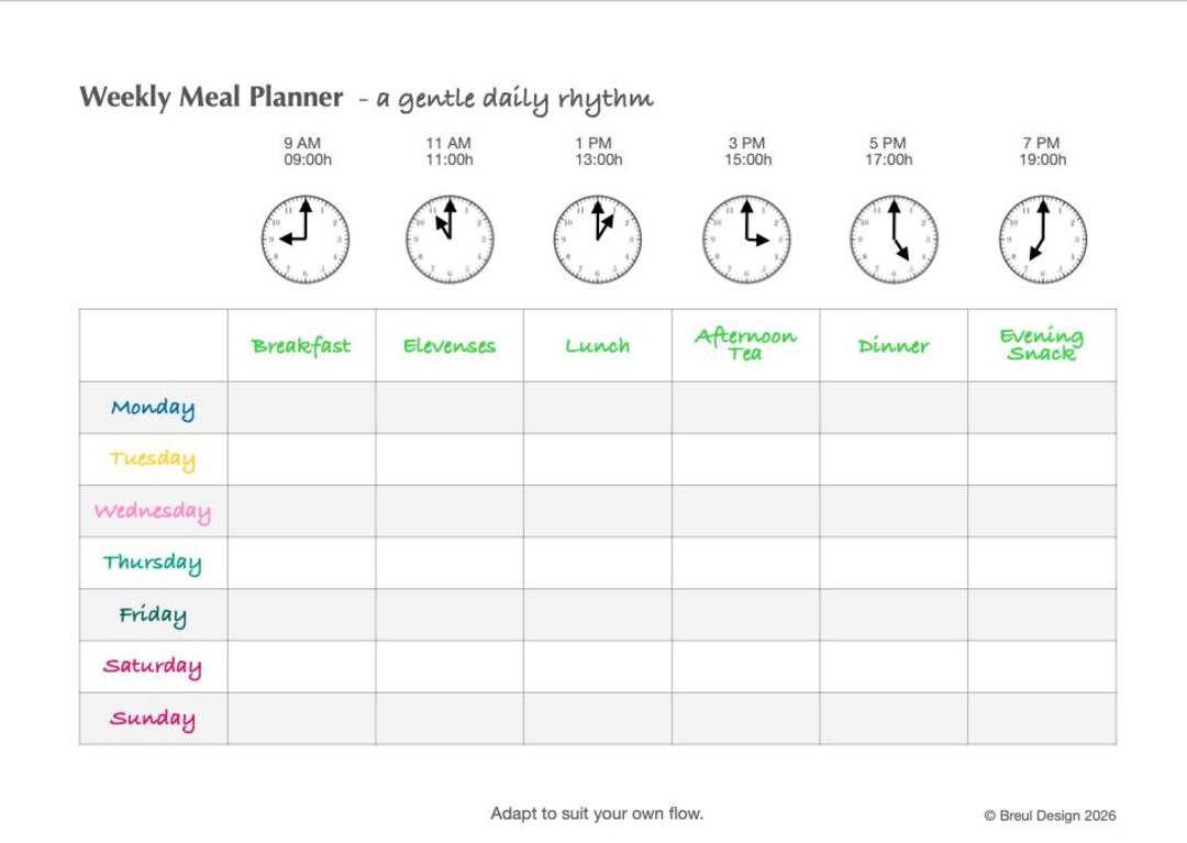 Weekly Meal Planner Printable: Time Blocks, Snacks, AM/PM Clock (PDF ...