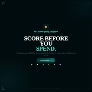 May include: A dark teal graphic with the text "SCORE BEFORE YOU SPEND" in white and teal. The words "Ad Creative Quality Analyzer" are at the top. Below the text is a button that says "Get Creative Analyzer".