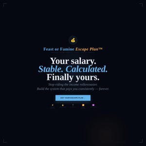May include: Dark blue graphic with the text "Feast or Famine Escape Plan". The text "Your salary. Stable. Calculated. Finally yours." is in white and blue. A button reads "GET YOUR ESCAPE PLAN".