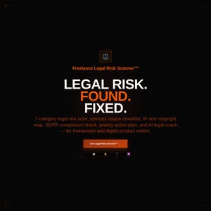 May include: A black and orange graphic with the text "LEGAL RISK. FOUND. FIXED." and "Freelance Legal Risk Scanner". The image also includes a list of services and a call to action button.