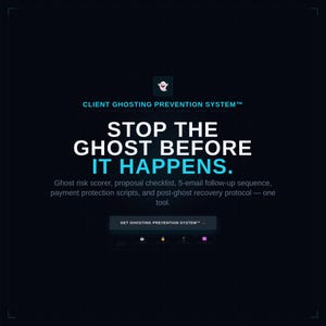 Puede incluir: Gráfico azul oscuro con texto blanco: "STOP THE GHOST BEFORE IT HAPPENS". El texto describe un evaluador de riesgo fantasma, una lista de verificación, una secuencia de correo electrónico y un protocolo de recuperación. Un botón dice "GET GHOSTING PREVENTION SYSTEM".