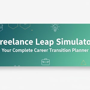 May include: A teal and green rectangular graphic with the text "Freelance Leap Simulator" and "Your Complete Career Transition Planner." The design includes white line art icons of a lightbulb, briefcase, and other shapes.
