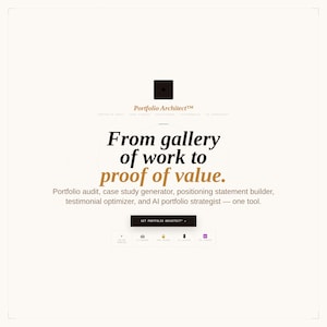 Puede incluir: Diseño gráfico digital con el texto "Portfolio Architect". El texto central dice "From gallery of work to proof of value." Enumera funciones como auditoría de cartera y estratega de IA.