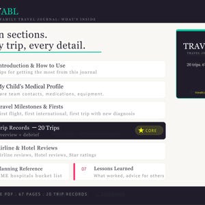 May include: A digital medical family travel journal with the title "TRAVABL". The journal includes sections for trip records, medical profiles, and travel milestones. The journal is a printable PDF with 67 pages and 20 trip records.