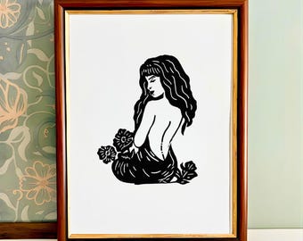 Linoleumsnitt kvinna, original handdragen väggkonst, svartvitt, sensuell, signerad, handgjord