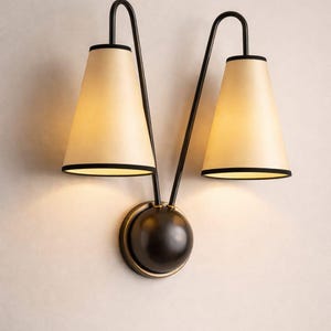 Double Arm Mid-Century Sconce - Solid Brass Wall Light with Tapered Cotton Shades - Modern Luxury Lighting for Bedroom, Hallway, or Vanity