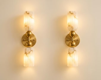 Double Alabaster Wall Sconce | Minimalist Brass Vanity Light | Italian Modern Marble Wall Lamp | Luxury Vintage Style Bathroom Lighting