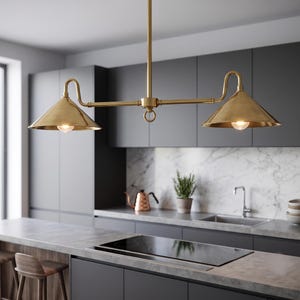 Mid Century Brass Chandelier | Modern Kitchen Island Lighting | Linear Globe Pendant Light | Luxury Dining Room Ceiling Fixture