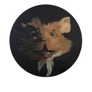 May include: An oil painting on a black circular canvas. The artwork depicts a stylized, surreal portrait of a creature with brown fur and a human-like face. The background is dark, emphasizing the subject's features.