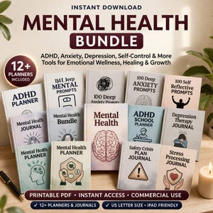 Op de afbeelding: Een verzameling tijdschriften en planners voor de geestelijke gezondheid, waaronder gidsen voor ADHD, angst en depressie. De afbeelding toont verschillende boekomslagen met titels als "Mental Health Bundle" en "Depression Therapy Journal". De tekst luidt "Mental Health Bundle" en "Instant Download."