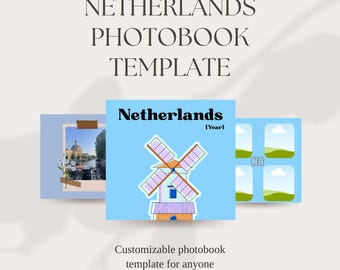 Plantilla editable para álbum de fotos de viaje a los Países Bajos en Canva / Paquete de plantillas para portadas de álbumes de fotos