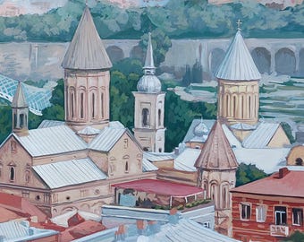 Original plein air tempera painting,hand-painted old Tbilisi view,Georgian cityscape wall art,iconic ancient churches and rooftops landscape