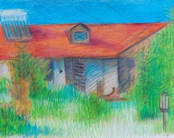 Original Colored Pencil Landscape,Summer Scene,Cozy Village Homestead,Horse Barn Drawing,Cottagecore Wall Art,Hand-Drawn Farmyard Sketch