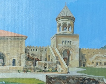 Original tempera painting,UNESCO world heritage site,historic Svetitskhoveli Cathedral courtyard view,medieval architecture landscape,