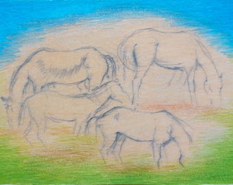 Original Horse Drawing,Colored Pencil Equine Art,Contemporary Pleasent Cozy Wall Decor,Hand-Drawn Western Sketch,Handmade Minimalist Artwork