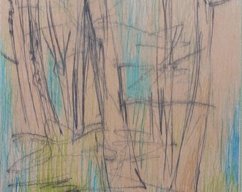 Originele kleurpotloodtekening, ruwe vintage sketchers, modern landschap, bosstudie, mixed mediakunst, handgetekende hedendaagse kunstwerken