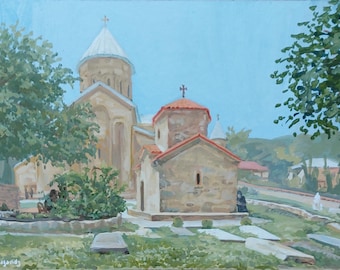 ジョージア、ムツヘタのサムタヴロ修道院を描いた、屋外で描かれたオリジナルのテンペラ画。正教会の風景、陽光あふれる穏やかな雰囲気。
