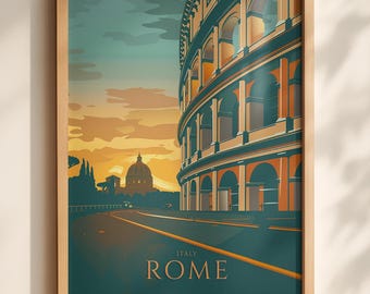 Póster de viaje de Roma - Arte mural de Roma - Lámina de Italia - Arte del horizonte de Roma - Póster vintage de Italia - Arte mural europeo - Decoración de regalo de Roma