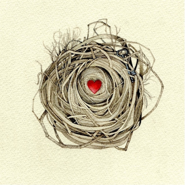 original watercolor heart and key nest art OOAK