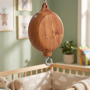 May include: A round, wood-grain finish mobile motor with a light gray hook at the bottom and a matching gray cord at the top. The device features two circular speaker grilles on the front, a battery compartment cover, and two small control buttons.