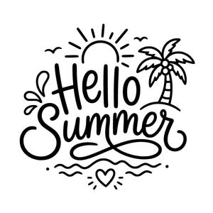 Può includere: Un design grafico in bianco e nero con il testo Hello Summer in un carattere corsivo. L'illustrazione include un sole stilizzato con raggi, una palma, due piccoli uccelli, onde d'acqua e un simbolo a forma di cuore con punti radianti.