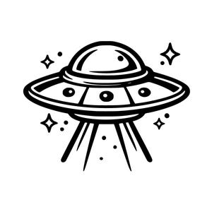 Op de afbeelding: Een zwart-witte lijntekening van een vliegende schotel of UFO. Het ruimtevaartuig heeft een koepelvormige bovenkant, een brede cirkelvormige rand met drie zichtbare patrijspoorten en drie naar beneden gerichte lichtstralen rondom.