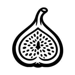 May include: A black and white graphic illustration of a halved fig. The design features a bold outline of the fruit shape with a stem at the top and a detailed interior pattern showing numerous small, oval-shaped seeds arranged in a radial layout.