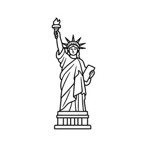 May include: A black and white line art illustration of the Statue of Liberty standing on a pedestal. The figure wears a crown with seven spikes, holds a raised torch in the right hand, and carries a rectangular tablet in the left hand.