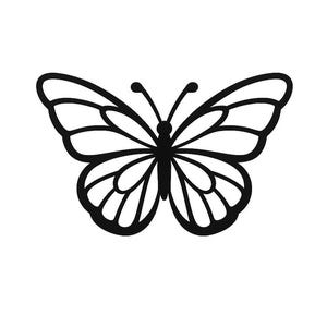 Może przedstawiać: Czarno-biała ilustracja graficzna przedstawiająca motyla. Projekt zawiera solidny czarny korpus z dwoma czułkami oraz symetryczne skrzydła z czarnym obrysem, wewnątrz których znajdują się wyraźne, zaokrąglone białe segmenty o różnej wielkości.